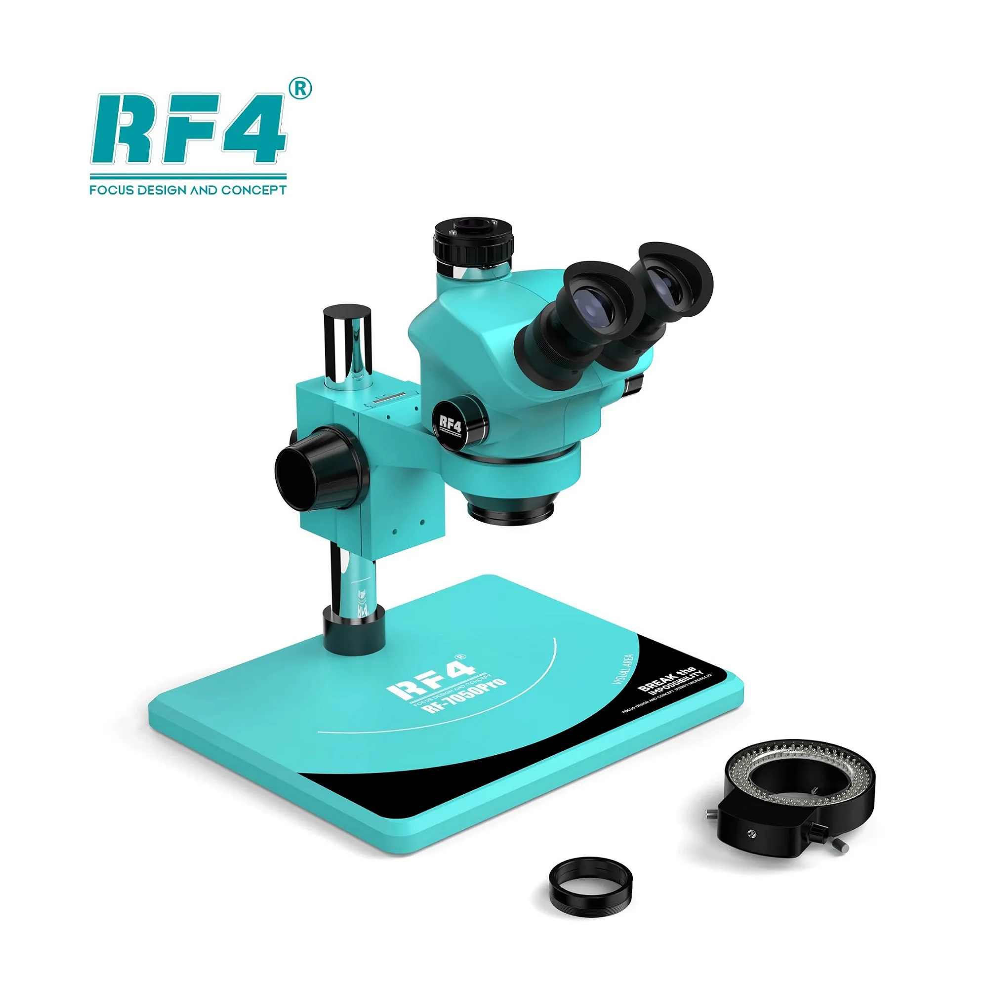 RF4 RF7050-Pro 37050 7050 (3D contínuo com zoom de engrenagem) Microscópio estéreo trinocular 7X~50X com adaptador 0,5X e luminária